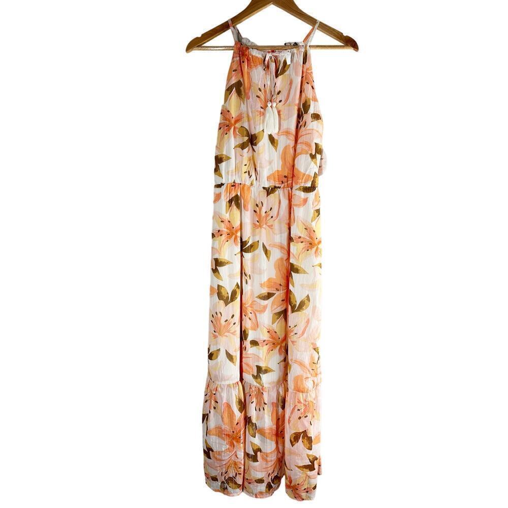 Harlow & Rose Tie Neck Tiered Metallic Midi Dress In Pink Size Medium Casual